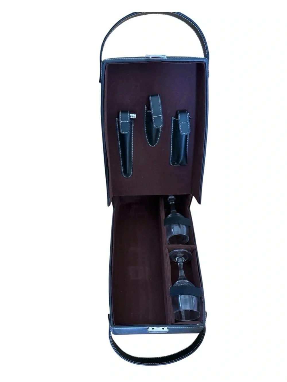 Leather 2 Bottle Wine Caddy w/ Glasses & Stainless Wine Tools. Never used